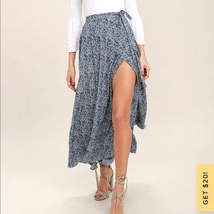 Navy Blue Print Wrap Maxi Skirt